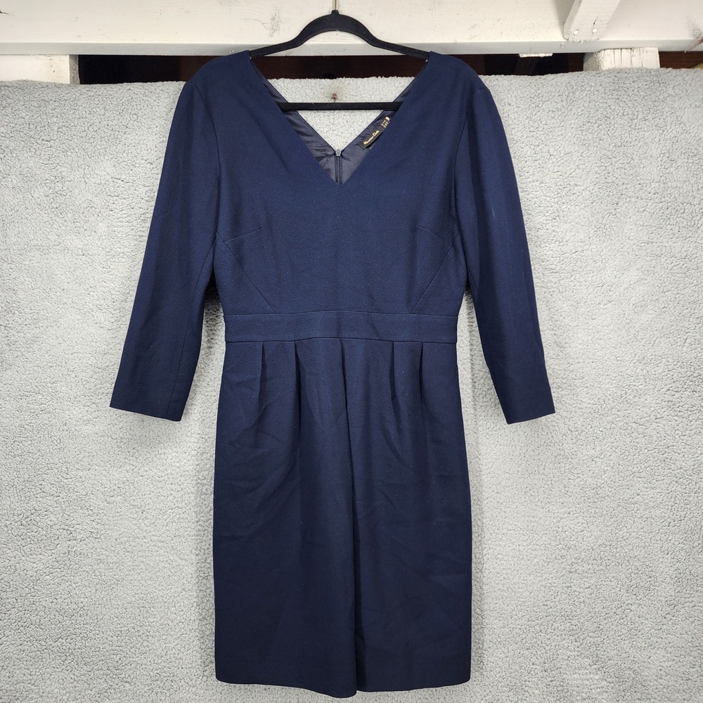 Massimo Dutti Navy Blue V Neck 3/4 Sleeve Business Casual Sheath Dress Size 8